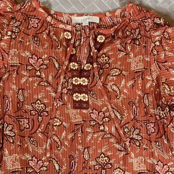 Loft Womens Small Blouse Gauzy Long Ruffle Sleeve Floral Geometric Boho Festival - Picture 2 of 10